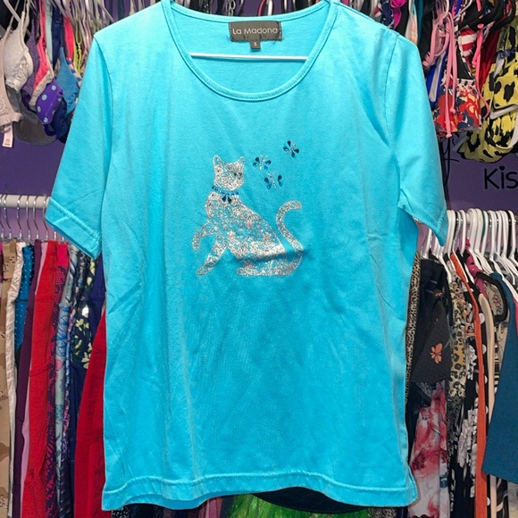 La Madonna silver cat tshirt teal green blue color shirt size small - Picture 1 of 5